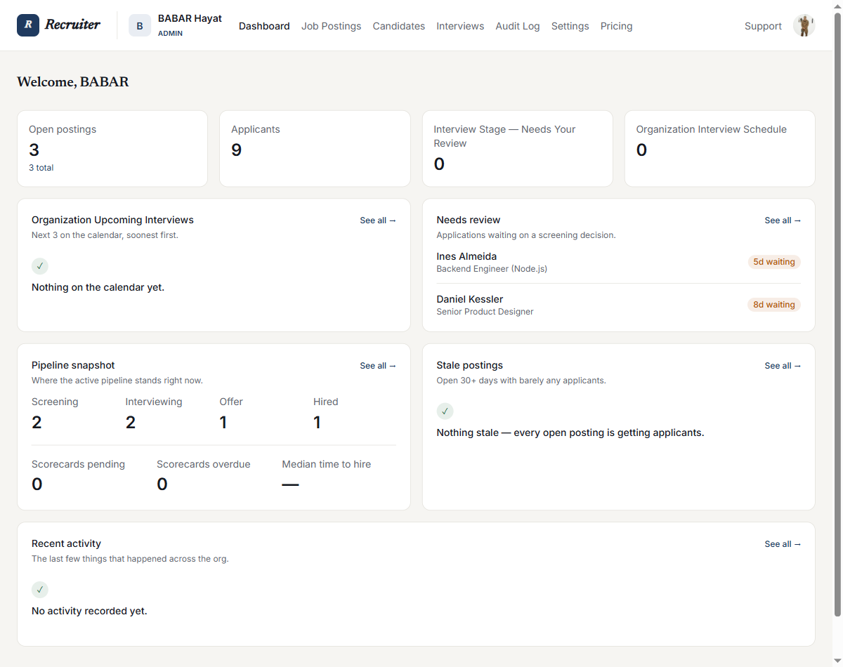 Recruiter hiring dashboard